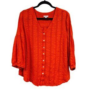 J. Jill Womens XL Orange Textured Cotton Button Front Blouse 3/4 Balloon Sleeves